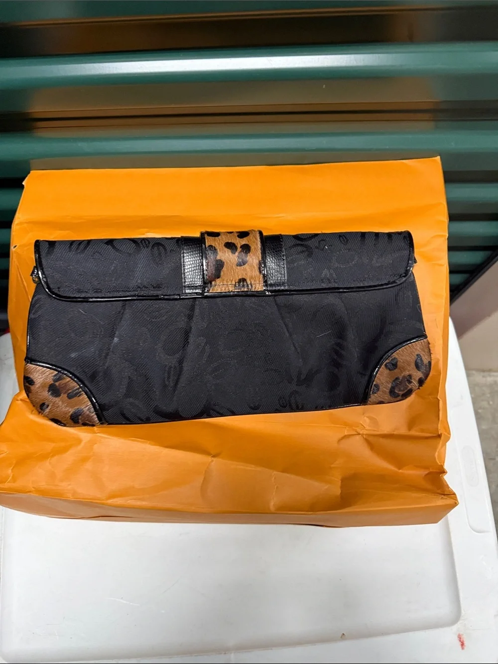 bebe Black Clutch with Leopard Accent